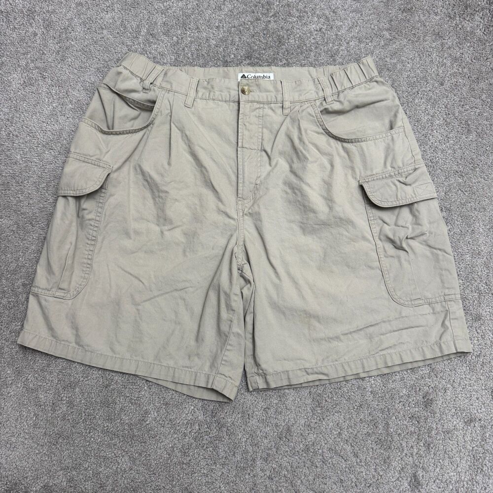 Columbia Cargo Shorts Men XL Beige 100% Cotton Elastic Waist Relaxed Fit Outdoor